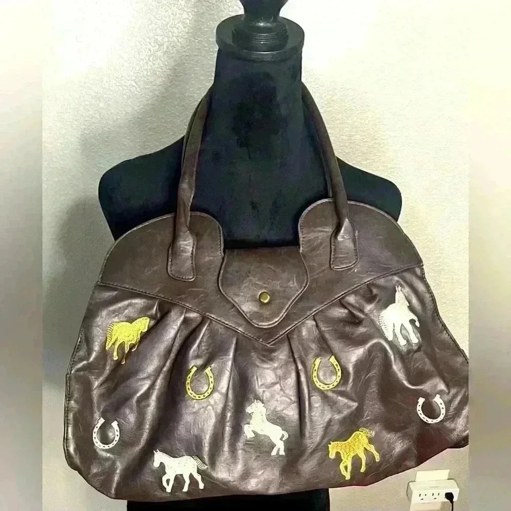 Rare Vintage Brown Leather  Braciano Satchel Purse With Embroidered Horses
